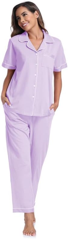 CF Womens 100% Cotton Pajamas Set Button Down Pjs Sets Short Sleeve Top & Long Pants Sleepwear Comfy Loungewear with Pockets