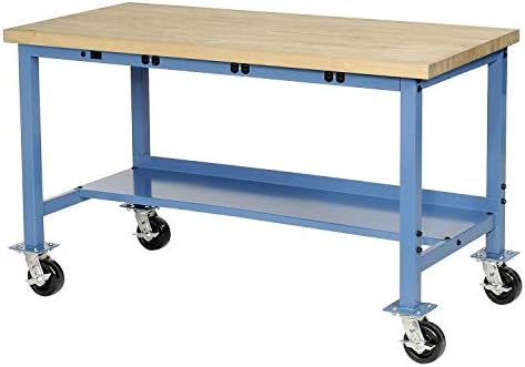 Global Industrial Mobile Workbench with Power Apron, Maple Block Square Edge, 72" W x 36" D, Blue