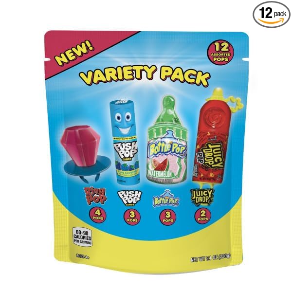 Halloween Candy Variety Pack Bag, 12 Count Assorted Lollipops, Bulk Individually Wrapped Ring Pop, Push Pop, Baby Bottle Pop & Juicy Drop For Birthday Party Favors, Trick or Treat, Bowls, Kids Gifts