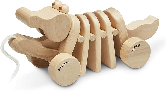 PLAN TOYS Dancing Alligator Push & Pull Toy - Sustainably Made from Rubberwood, Makes Click-Clack Sounds and Dancing Movements When Pulled (Natural)