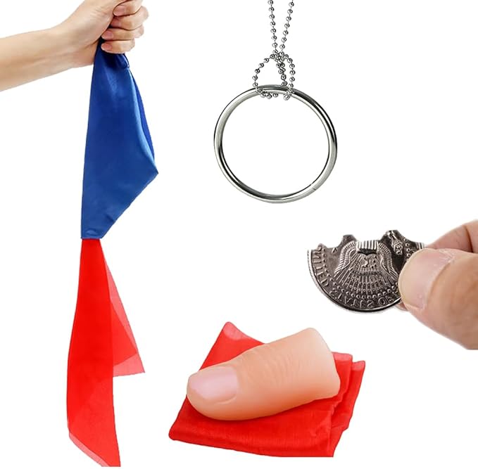 Neliky Magic Tricks Kit Including 4 Classic Tricks - Bite Coin, Color Change Silk, Disappearing Silk Fake Thumb Tip,Magic Ring Chains for Streets Magic Props Set and Close Up Magician Kit