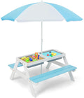 HONEY JOY Kids Picnic Table, 4 in 1 Cedar Wooden Sand & Water Table w/ 2 Removable Box & Umbrella, Kids Picnic Tables for Outdoors Backyard Garden, Toddler Patio Furniture Set for Boys Girls(Blue)