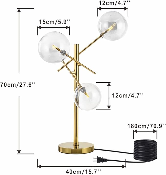 KCO Lighting Modern Gold Table Lamp 3-Light Glass Globe Night Lamp Mid Century Antique Brass Indoor Bubble Shade Standing Lighting Metal Desk Light for Bedroom Study Room Hotel