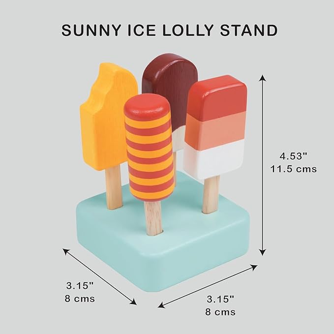 Mentari Toys - Sunny Ice Lolly Stand - 5pc Wood Ice Lolly Popsicle Play Food Set with Base - Pretend Play Food Accessories - Encourage Role Play and Develop Social Skills - Gift for Toddlers - Age 2+