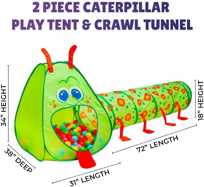 Kiddey Caterpillar Kids Play Tunnel & Tent – Toddler Crawl Tunnel + Play Tent, Pop-Up Indoor/Outdoor Ball Pit Playset (Balls Not Included), Folds Flat for Storage
