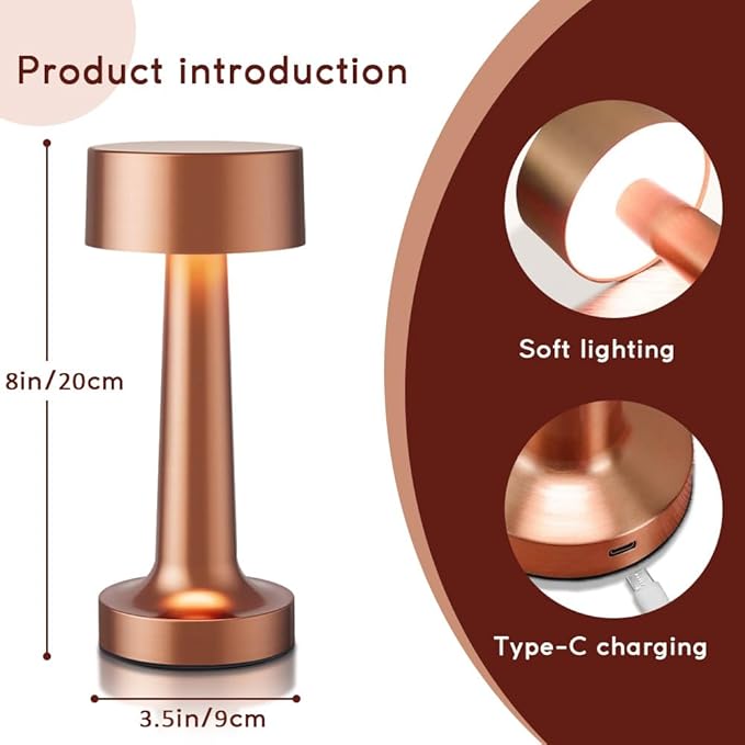 Portable LED Table Lamp, 3-Levels Brightness Metal Desk Lamp,3 Color Touch Control Rechargeable Lamp, Ideal Bedside lamp for Nightstand,Bedroom, Living Room（Rose Gold）