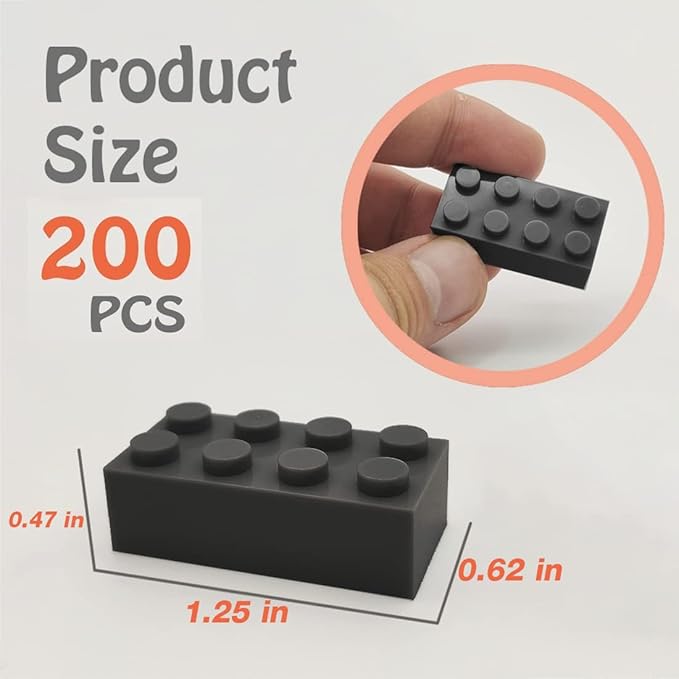 200 Piece Classic Building Bricks, 2x4 Bulk Bricks STEM Creative Building Toys, Dark Grey(Samll Bricks, 1.25x0.62x0.47 in)