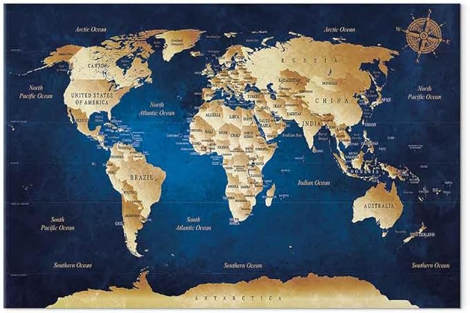artgeist Canvas Wall Art Print World Map 35x24 in - 1pcs Picture with Acoustic Foam Sound Print Artwork Room Acoustics Soundproofing World Travel Map k-A-0107-b-a