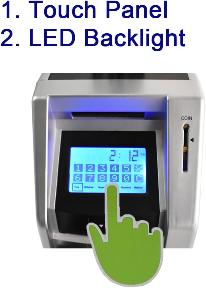 Touchscreen ATM Piggy Bank for Kids, Electronic Money Bank with Coin Counter, Card & Password, Backlit Display – Compact Savings Toy Gift for Boys & Girls Ages 6–12 (Black/Silver)