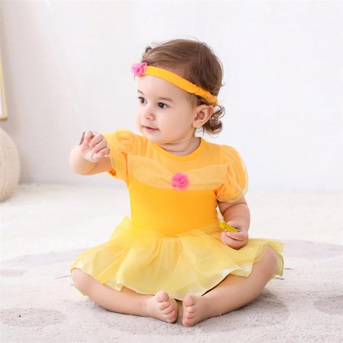 Dressy Daisy Princess Onesie Romper Fancy Dress Costume Halloween Birthday Bodysuit Outfit with Headband for Infant Baby Girl
