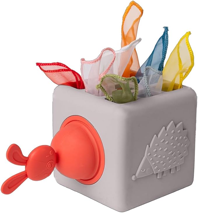 Taf Toys Baby Tissue Box Montessori Toys for Babies - Sensory & Motor Skills Development Silicone Toy with 10 Fabric Tissues, Pop-Up Bunny, Toys for 1 Year Old Boy Girl Preschool Toy