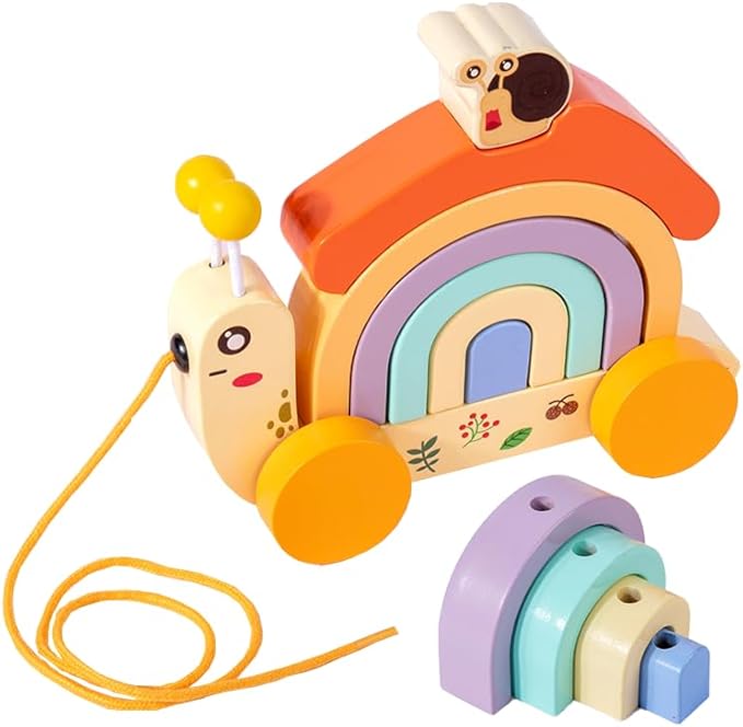 Wooden Push and Pull Snail Toy with Removable Colorful Stacker, Wood Snail Rainbow Stacker with Wheel - Ideal for Grasping Practice and Developing Hand - Eye Coordination Motor Skills