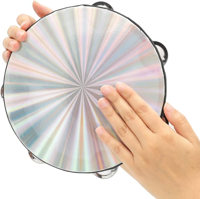 Tambourine 8 inch Radiant Hand Held Drum with Double Row Jingles Reflective Drum Musical Instrument for Church Adults KTV Party