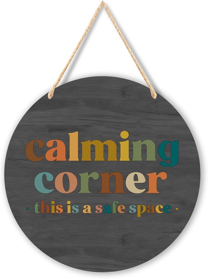 Calming Corner Hanging Wood Sign Plaque - Safe Space Classroom Decor, School Counselor Office Decor, Calm Down Corner Decorations For Classroom Preschool, Boho Classroom Decor, 10x8 (Roundness Gray)