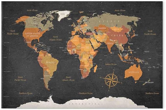 artgeist Acoustic Canvas Wall Art Print World Map 35x24 in - 1pcs Picture with Acoustic Foam Sound Print Artwork Room Acoustics Soundproofing Poster Map of The World World Travel Map k-C-0048-b-c