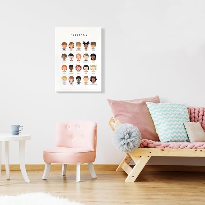 uoyien Feelings Chart And Emotions Poster For kids Mental Health Awareness Canvas Wall Art Special Emotions Faces Calm Corner Prints Classroom Social Worker Office Decor 12x16in Wood Framed