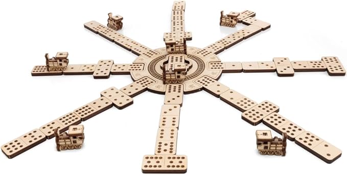 EWA Eco-Wood-Art Mexican Train Domino Game Set - Deluxe Wooden Version with 91 Dominoes, Holders, Locomotives, Station Hub, and Storage Box | Family Board Game