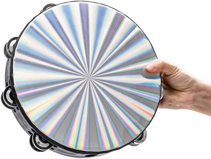 Musfunny Radiant Tambourine 10 inch for Adults 2-Row Jingles Bell Reflective Tambourines Hand Held Drum Musical Instrument for Kids Education KTV Party Church - 10 inch