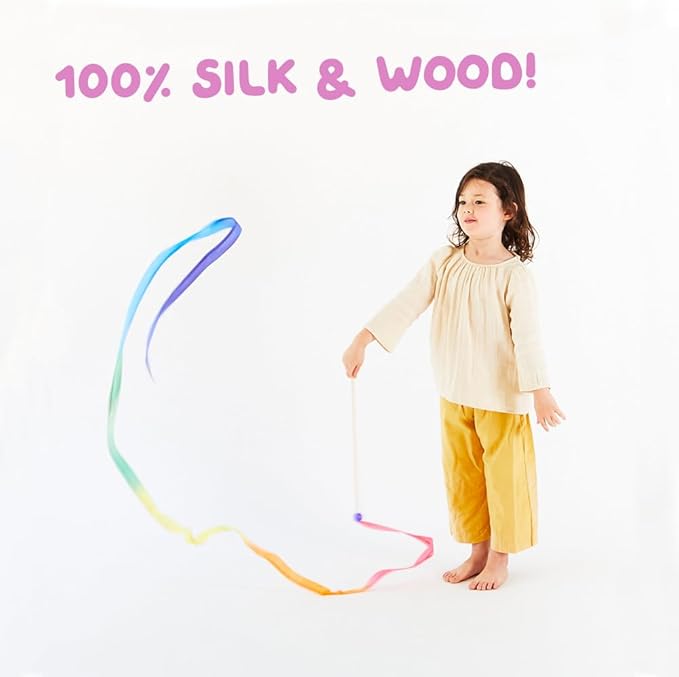 Sarah's Silks Rainbow Streamer - 8' Long Ribbon Wand for Kids, Pretend Play, Dance, Baton Stick Twirling, and Gymnastics Party Favors | 100% Silk and Wood Montessori and Waldorf Toys