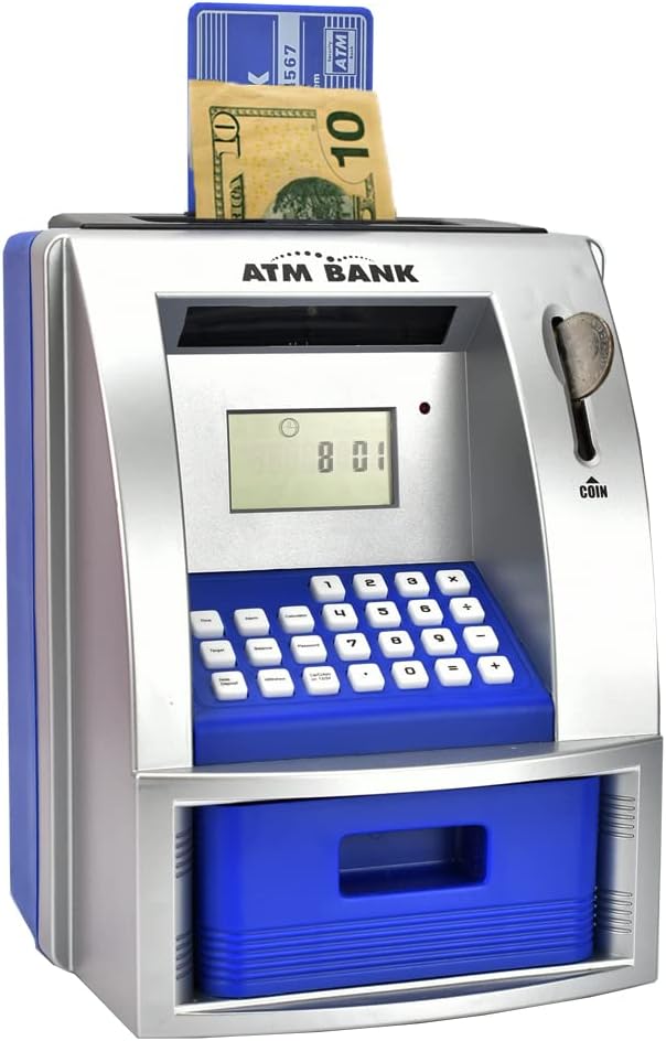 ATM Piggy Bank for Kids, Electronic Money Bank with Coin Counter, Goal Tracker, Password & Card, Auto Bill Intake with Voice Prompts – Compact Savings Gift for Boys & Girls Ages 6–12 (Blue)