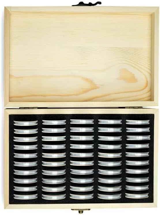 50pcs Coins Capsules for 18/21/25/27/30mm Coins w/Wood Display Storage Box Case