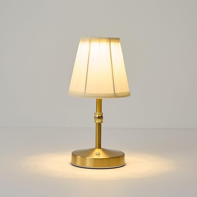 5w Led Cordless Mini Lamps,3000 mah Battery Operated Lamp,3 Color Temperature Dimmable Table Lamp,Gold Rechargeable Table Lamp Fabric,Aesthetic Small kitchen Lamp for Counter,Restaurant,Bar,H9.8"