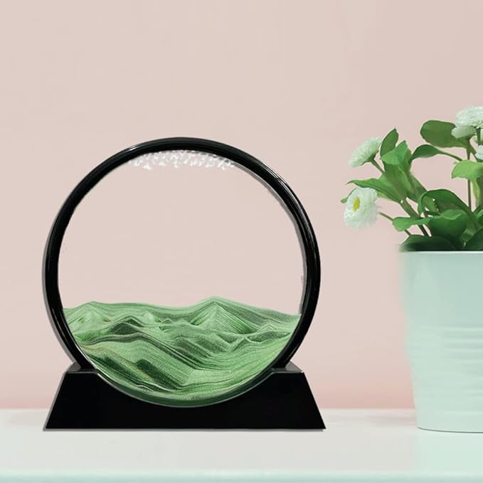 Aoderun Moving Sand Art Picture Round Glass 3D Deep Sea Sandscape in Motion Display Flowing Sand Frame Relaxing Desktop Home Office Work Decor (7", Green)