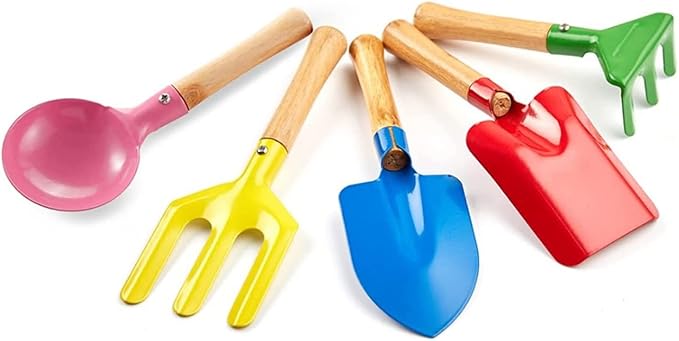 Kids Gardening Tools Set, 5PCS Gardening Tools for Kids Metal with Sturdy Wooden Handle Safe Gardening Tools 8" Children Beach Sandbox Toy