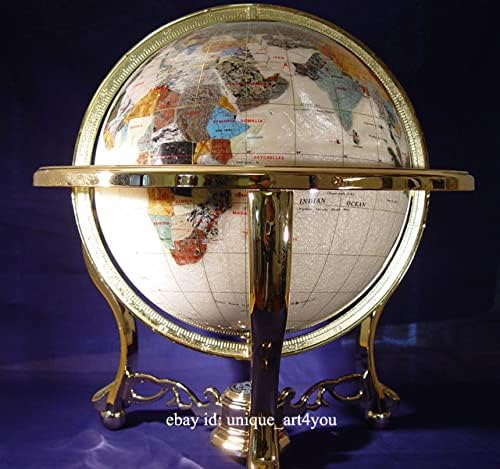 Last one on Earth! 2002 Edition Vintage Unique Art Since 1996 Pearl Swirl Table Top Gemstone World Globe with New Zinc Alloy Stand (2002 Collector Version Pearl Tripod Gold)