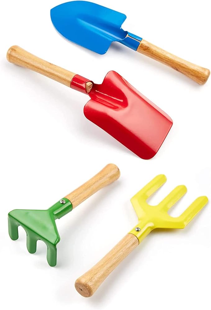 Kids Gardening Tools Set, 5PCS Gardening Tools for Kids Metal with Sturdy Wooden Handle Safe Gardening Tools 8" Children Beach Sandbox Toy