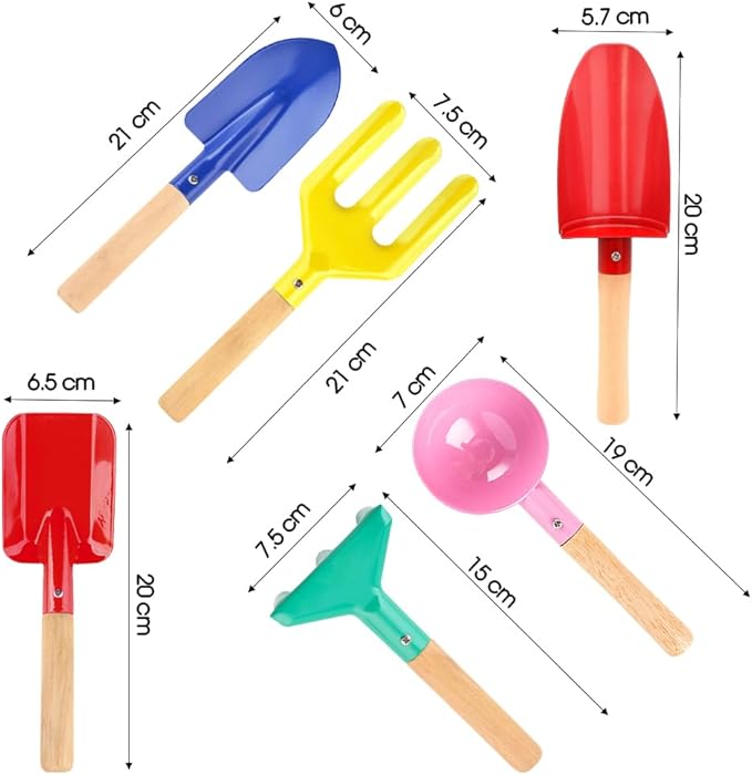 Children Beach Sand Toys, 6 PCS 8'' Wooden Handle Gardening Tools, Kids Gardening Set, Cylinder, Spoon, Fork, Rake, Flat Shovel & Pointed Shovel
