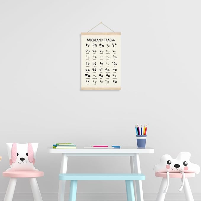 Geondos Woodland Tracks Wall Poster, Canvas Hanging Banner, Animal Tracks Field Guide Sign, Forest Nursery Decor, Wall Door Decoration for Kids Room,Classroom, Playroom Cabin