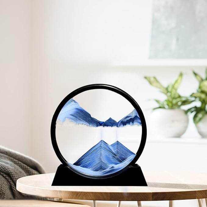 Aoderun Moving Sand Art Picture Round Glass 3D Deep Sea Sandscape in Motion Display Flowing Sand Frame Relaxing Desktop Home Office Work Decor (7", Blue)