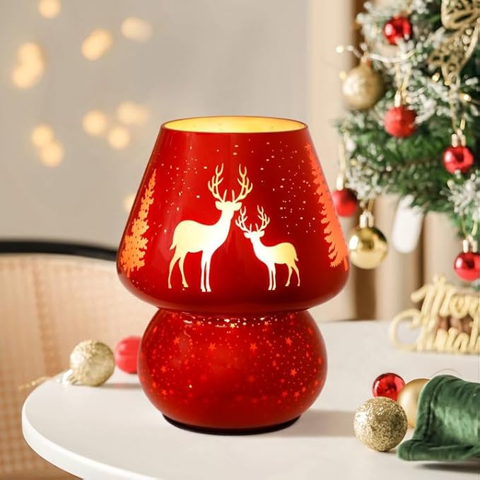 Christmas Battery Operated Mushroom Lamp - Vintage Small Table Lamp with Timer, Cordless Bedside Nightstand Lamp, Glass Battery Powered Lamp for Bedroom Kitchen Living Room Decor Aesthetic