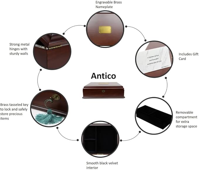 Antico Wooden Lockable Memory and Treasure Box for Keepsakes, Photos, Letters, Jewelry and More