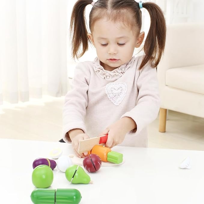 Velcro Fruit and Veggies for Kids Play Kitchen Cooking Toys Wooden Pretend Play Fruit Early Educational Learning for 3 Year Old Kids Toddler Boys Girls