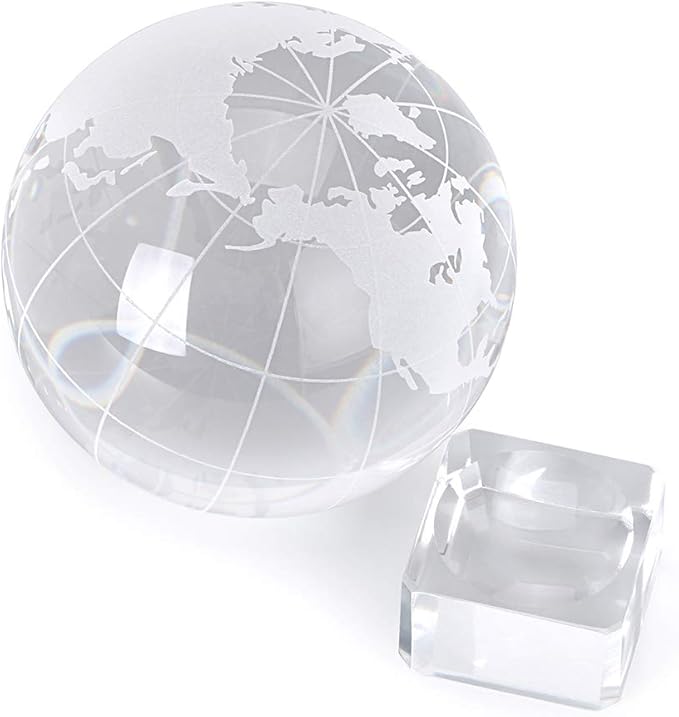 OwnMy 80mm World Globe Crystal Ball Glass Sphere Display Globe Paperweight Healing Meditation Ball with Clear Stand for Creative Gift