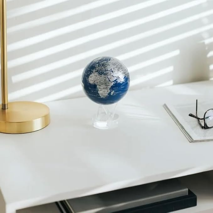 MOVA – Blue and Silver 4.5” Rotating Earth Sphere | Solar-Powered Desktop Decor for Offices, Study, or Gifting | No Batteries or Cords Needed