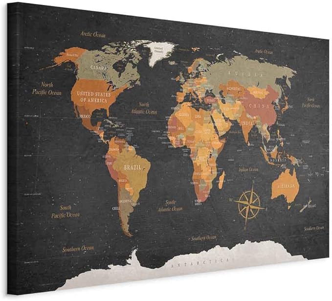 artgeist Acoustic Canvas Wall Art Print World Map 35x24 in - 1pcs Picture with Acoustic Foam Sound Print Artwork Room Acoustics Soundproofing Poster Map of The World World Travel Map k-C-0048-b-c