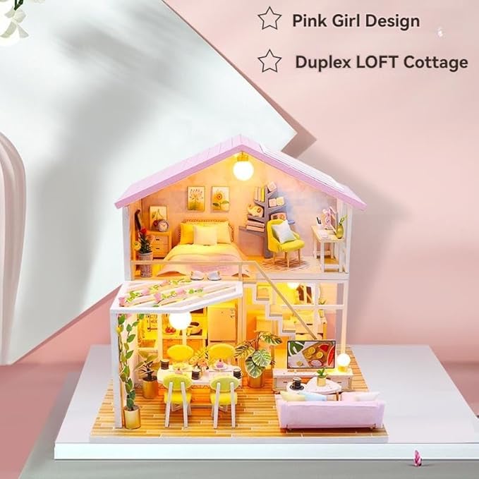 OZJAY DIY Miniature House Kit, Mini House Building Kit with LED & Furniture, DIY Wooden Dollhouse Miniature Kit for Adults Teen, Wooden Crafts Lovely Dollhouse Kit, Sweet Time