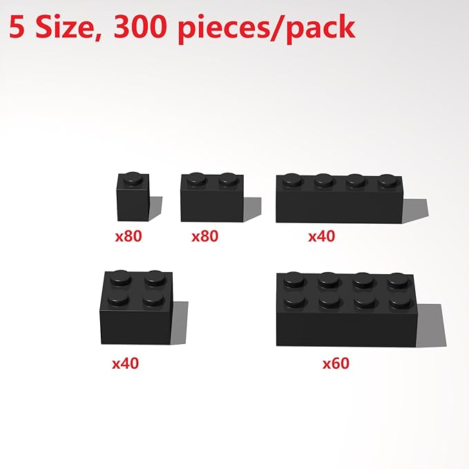 300Pcs Building Brick Bulk, Black Bulk Bricks with 5 Sizes, Compatible with Lego and Parts and Pieces, Creative Halloween Christmas Building Block Toys for Boys Girls Ages 6 7 8 9 10 Years Old