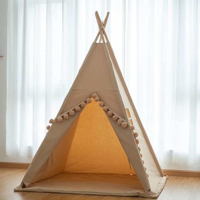 Kids Teepee Tent with Lights &Large Pompoms & Carry Bag, Machine Washable Tent for Kids Indoor, Toddler Teepee for Girls & Boys（Without Mat）