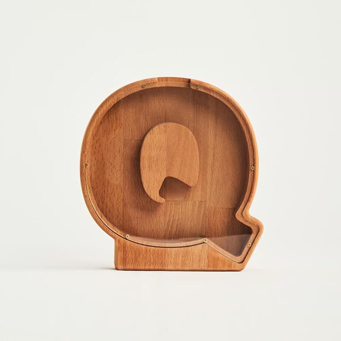 Personalized Wooden Piggy Bank – Custom Letter Q Coin Bank in Beech Wood with Clear Acrylic Front, Engraved Name Option, Money Saving Box for Kids and Adults, Baby Shower or Birthday Gift