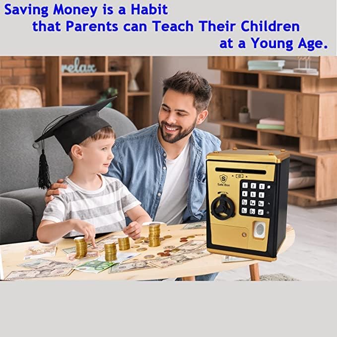 Toy Safe Box, ATM Piggy Bank, Money Coin Savings Bank, Great Gift for Children Kids (Golden/Black)