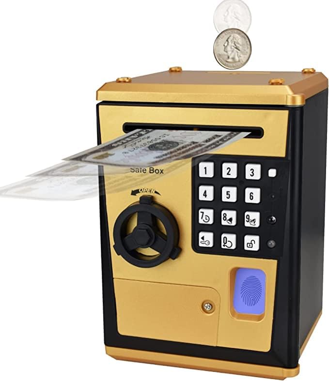 Toy Safe Box, ATM Piggy Bank, Money Coin Savings Bank, Great Gift for Children Kids (Golden/Black)