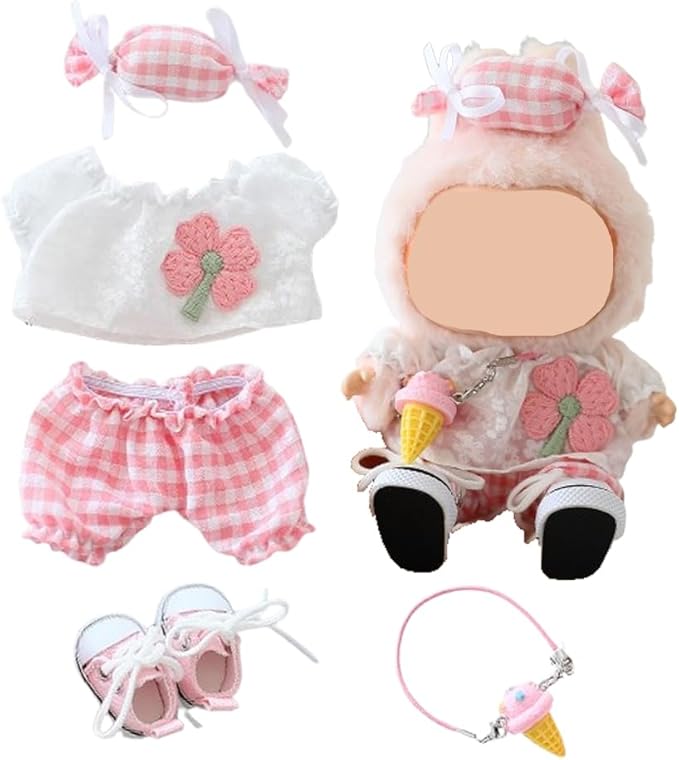 Clothes for Labubu Doll,Clothes for Dolls Accessories,Four-Leaf Clover Candy Summer Replacement Outfit Set 5 Pieces Suitable for Labubu 15&17cm ,Adorable Dress-Up Accessories for Doll (Pink)