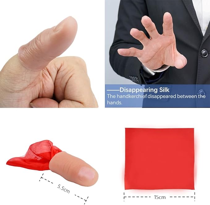 Neliky Magic Tricks Kit Including 4 Classic Tricks - Bite Coin, Color Change Silk, Disappearing Silk Fake Thumb Tip,Magic Ring Chains for Streets Magic Props Set and Close Up Magician Kit