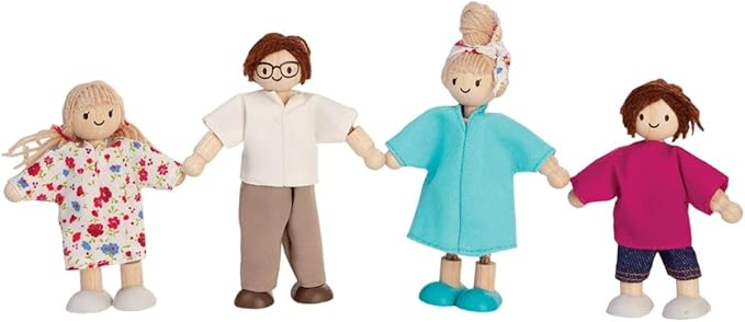 PlanToys® Wooden Dollhouse Family Set– Light Skin & Brown Hair| 4 Poseable 1:12 Scale Doll House People | Montessori Pretend Play Figurines | Eco-Friendly Sustainable Wooden Toy for Kids