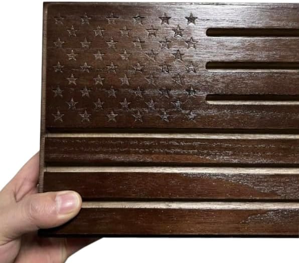 Military Challenge Coins Display Holder with American Flag and Clear Cover - Solid Wood Challenge Coin Stand with Drawer, Challenge Coin Display Case for Collector, Military Coin Holder Rack for Desk