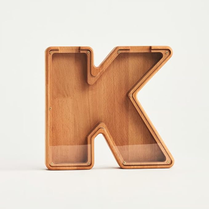 Personalized Wooden Piggy Bank – Custom Letter K Coin Bank in Beech Wood with Clear Acrylic Front, Engraved Name Option, Money Saving Box for Kids and Adults